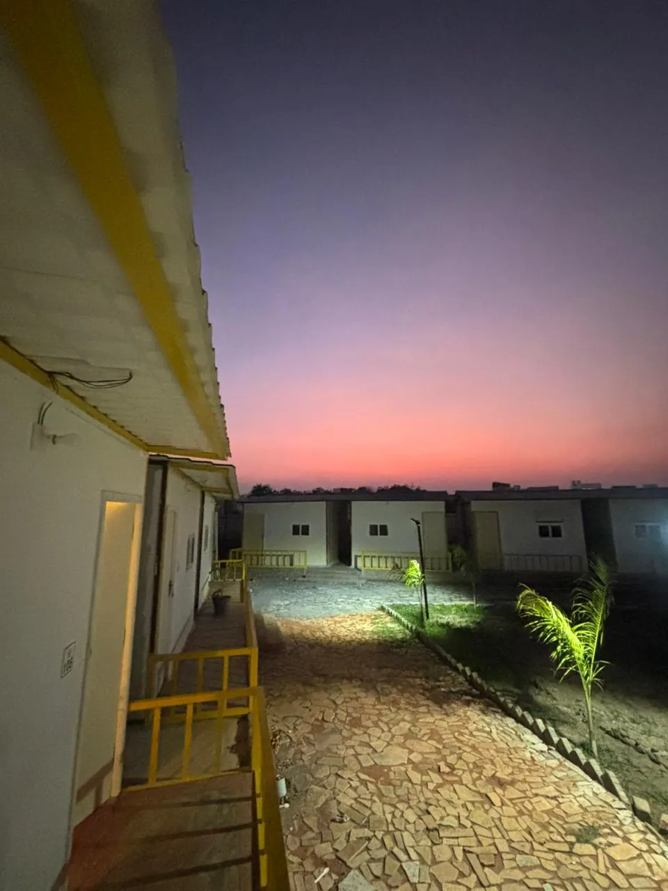 Resort cottages at dusk